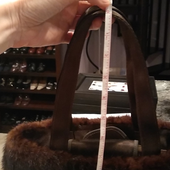 Brown mink fur trim handbag purse made from seatbelts - Picture 6 of 7